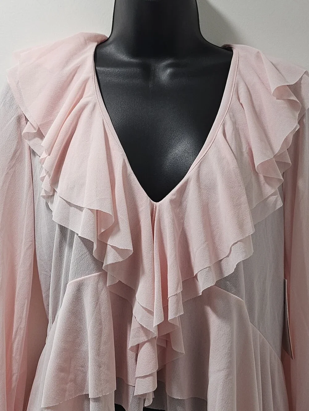 NWT Blenca Pink Ruffle Chiffon Sheer Top Bell Sleeve Coquette Medium